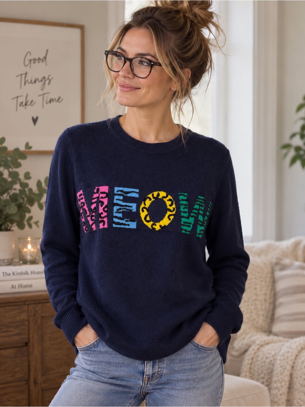 Boden Women’s Medium Navy MEOW Cat Graphic Sweater Wool Cashmere Blend